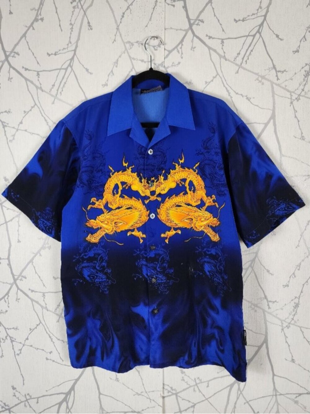 Mecca Artsy Blue Flame Gold Dragon Graphic Y2k Camp Shirt